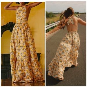 Agua by Agua Bendita Naranja Floral Cotton Poplin Maxi Halter Dress Yellow Print